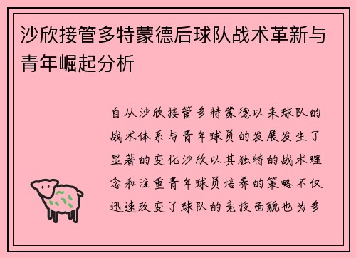 沙欣接管多特蒙德后球队战术革新与青年崛起分析
